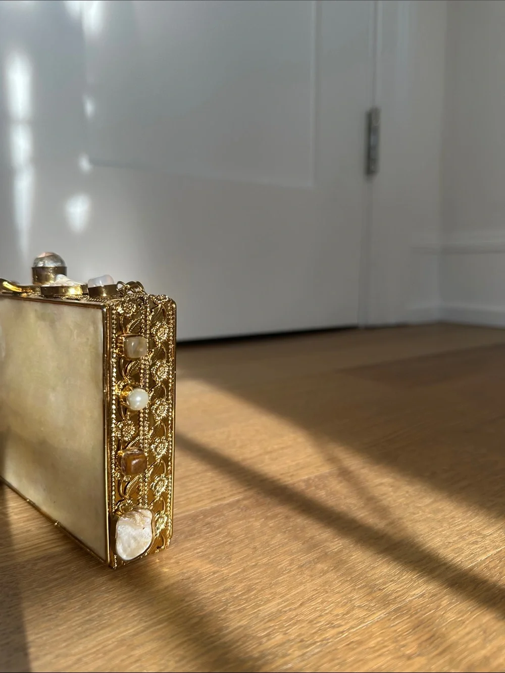Iridescent Shell Box Clutch with Chain Strap